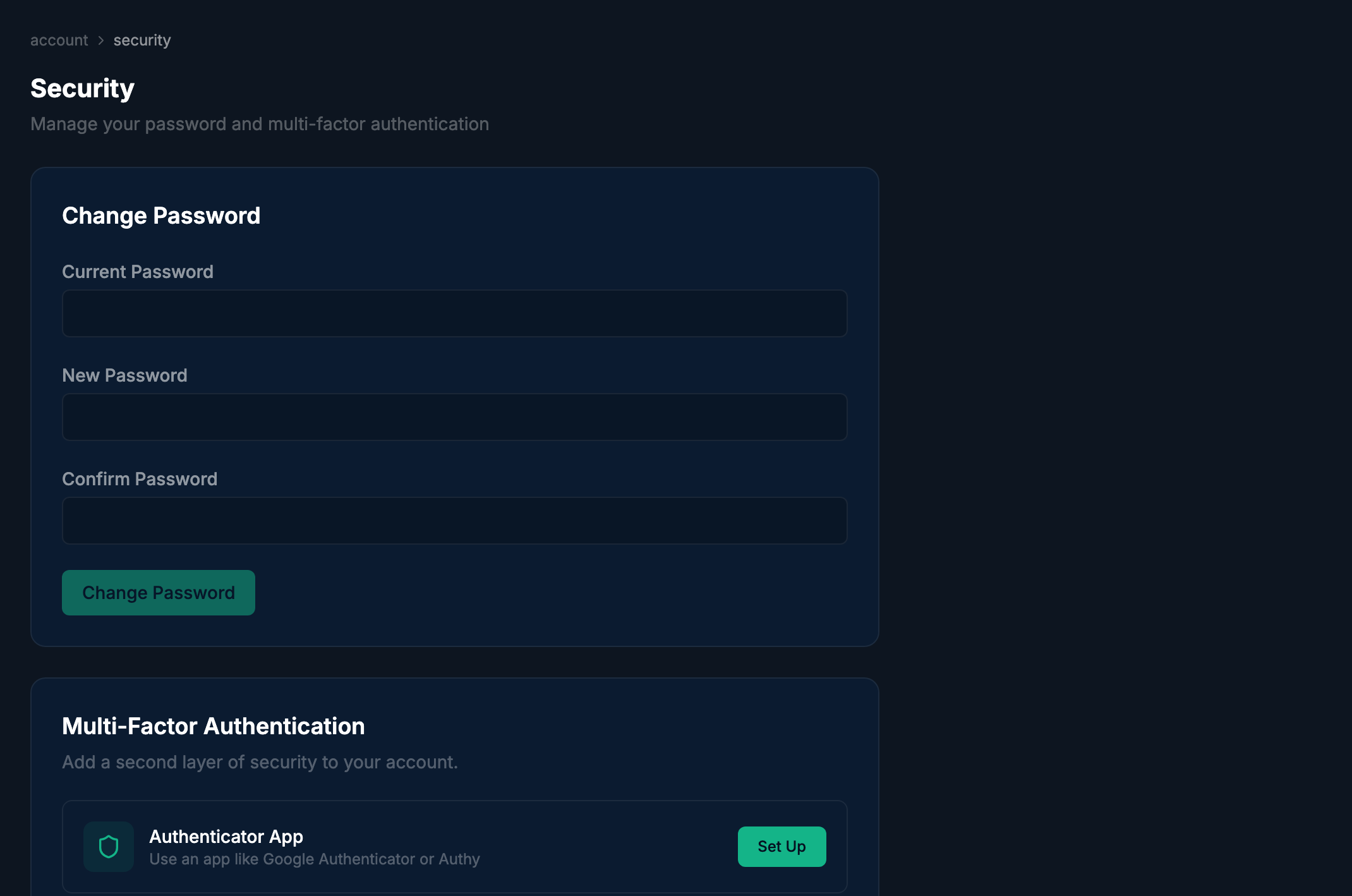 Security settings page showing MFA section with Authenticator App, Security Key, and Passkey enrol buttons
