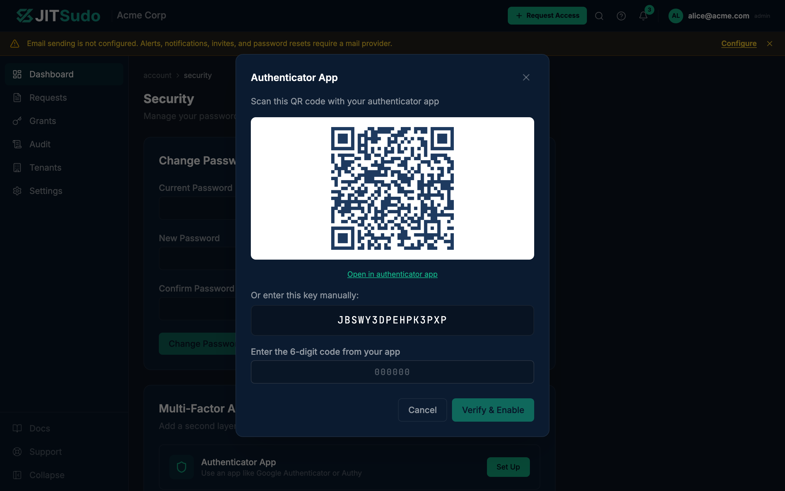 TOTP enrollment dialog with QR code, manual entry code, and 6-digit verification input
