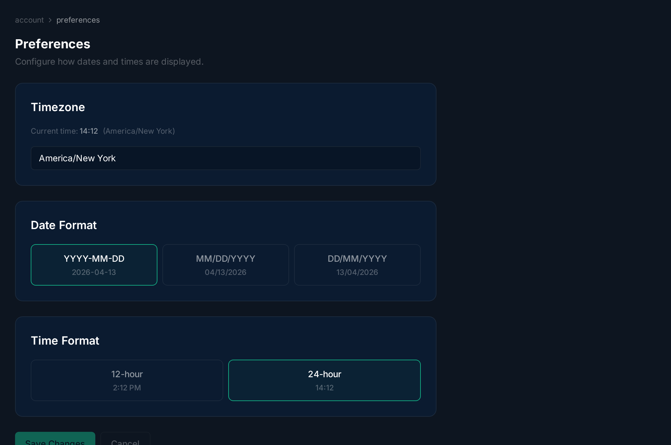 Preferences page showing timezone, date format, and time format options