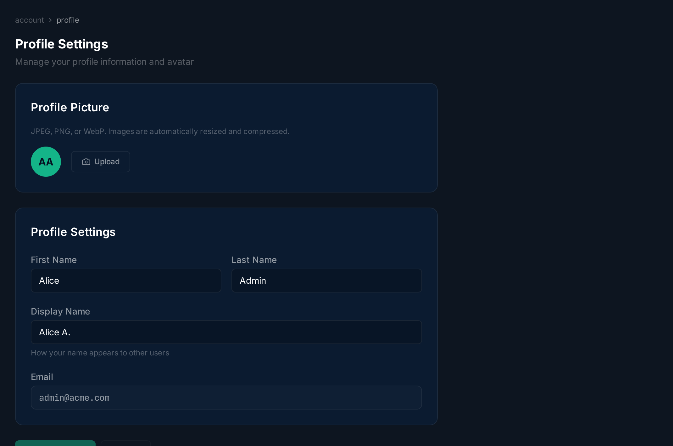 Profile settings page showing avatar upload and name fields