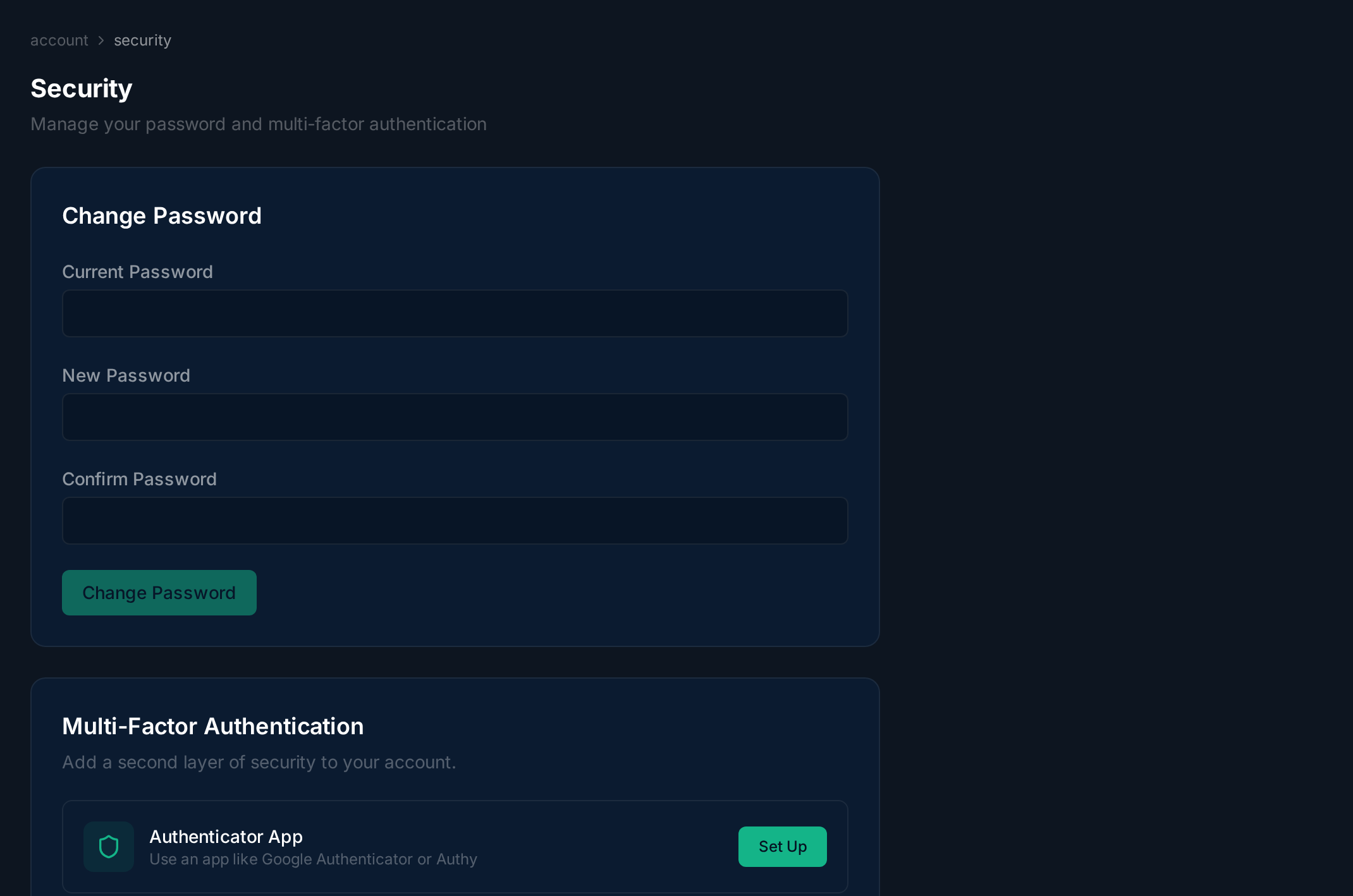 Security settings page showing password change, MFA enrollment, and backup codes sections