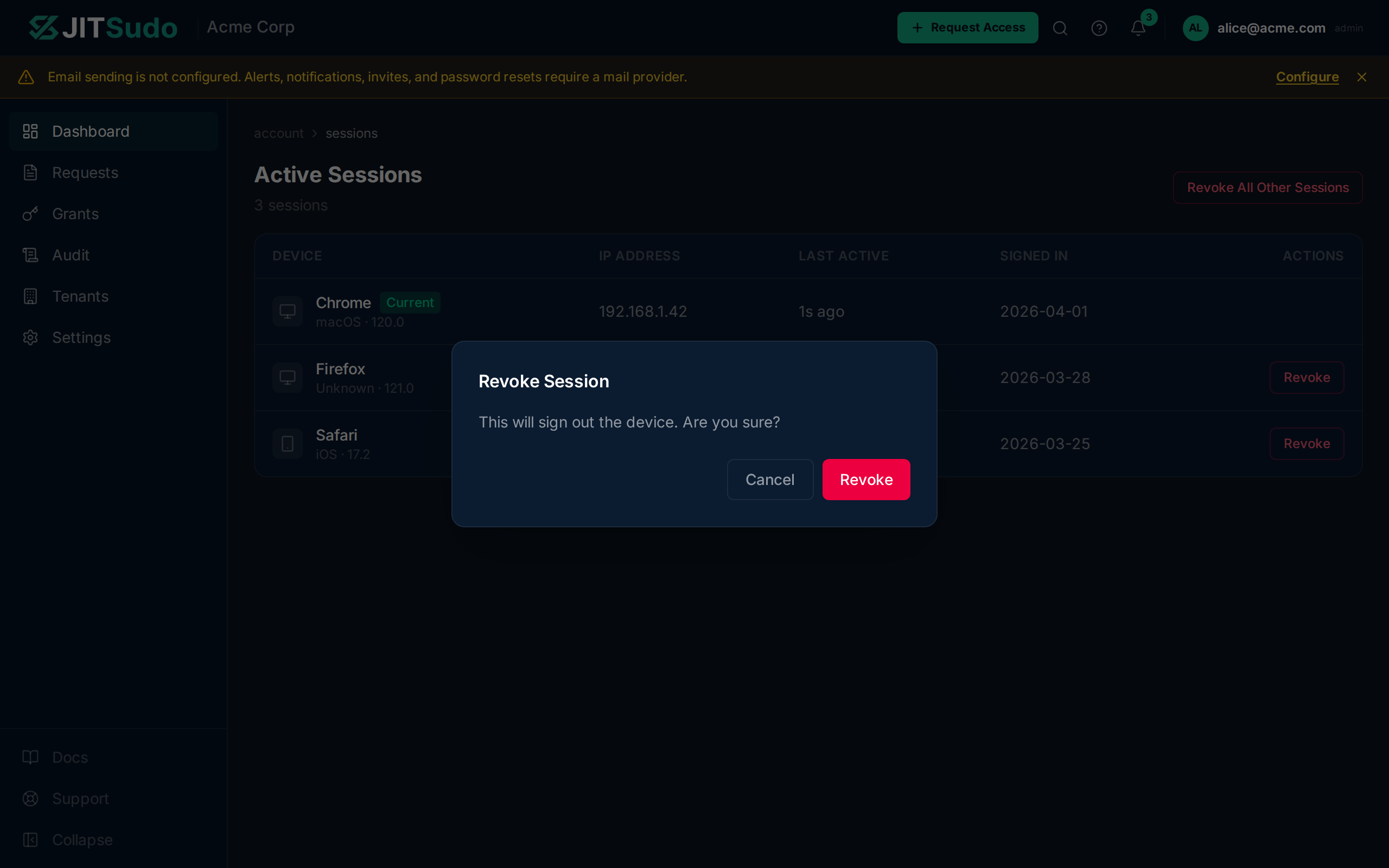 Confirmation dialog asking to revoke the session