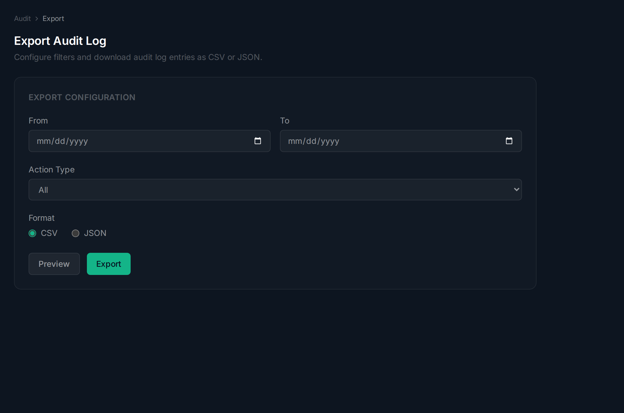 Audit export page with date range, format, and action filters