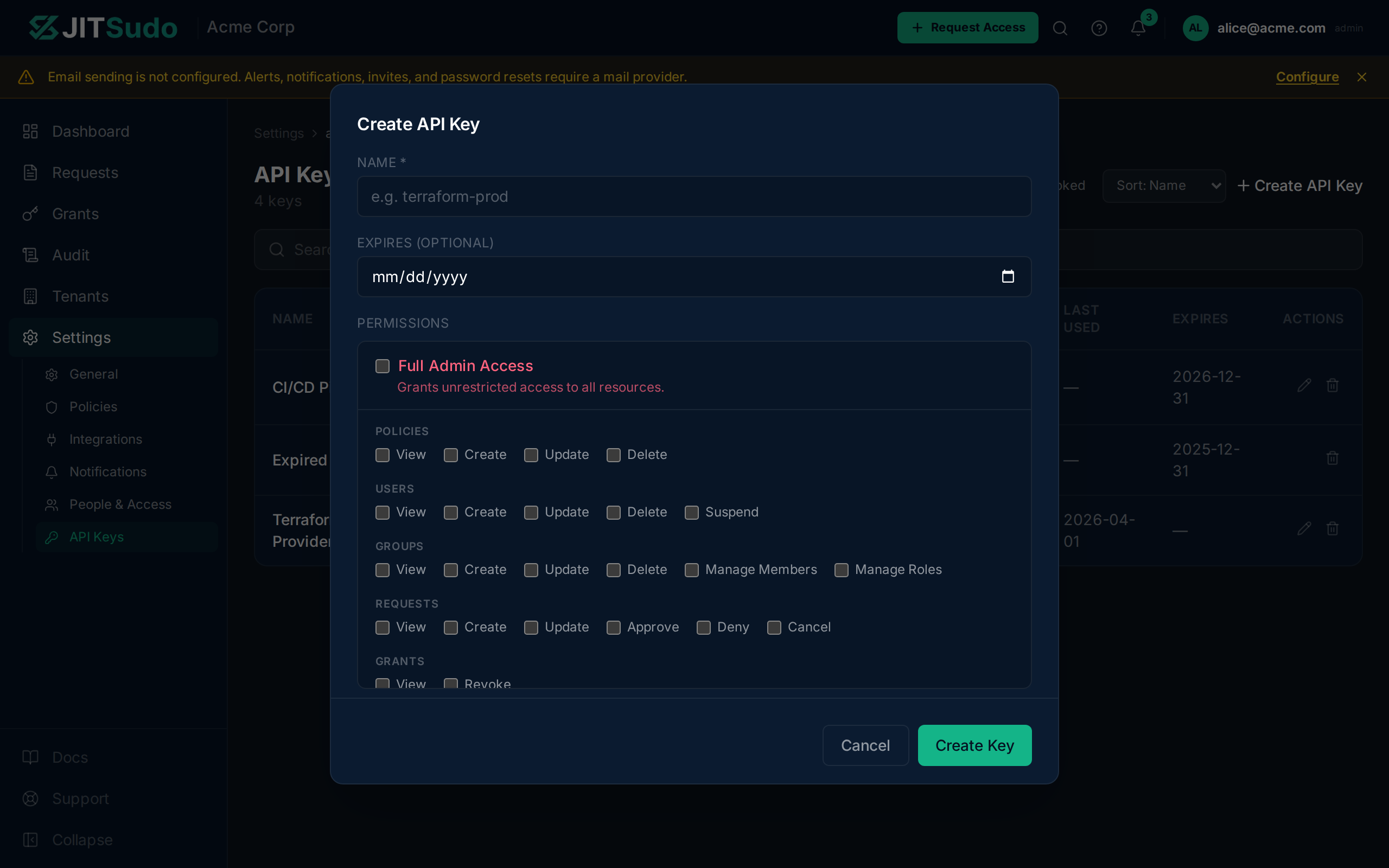 Create API Key modal with name field and optional expiry