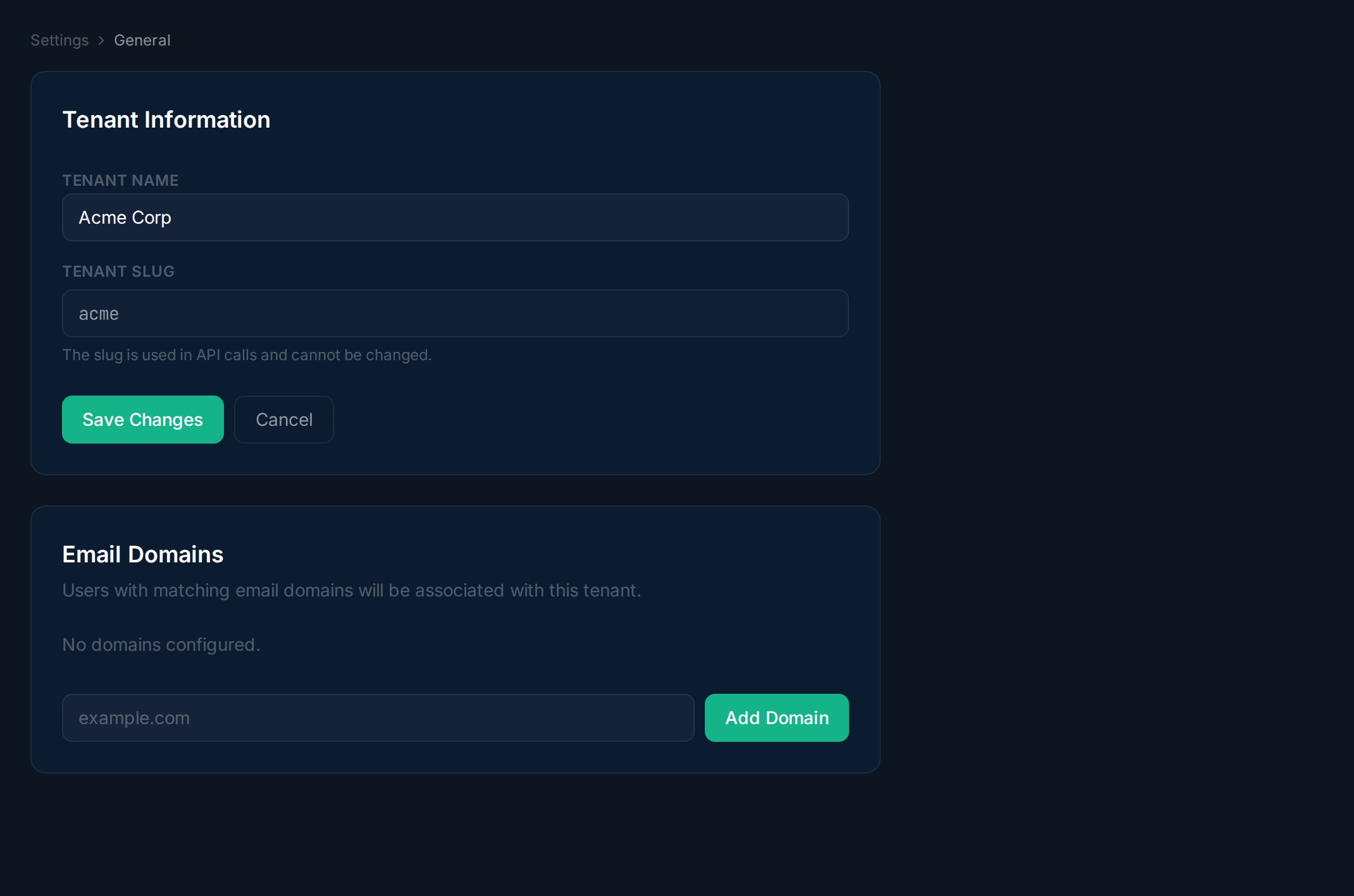 Email domains section with domain chips and add form