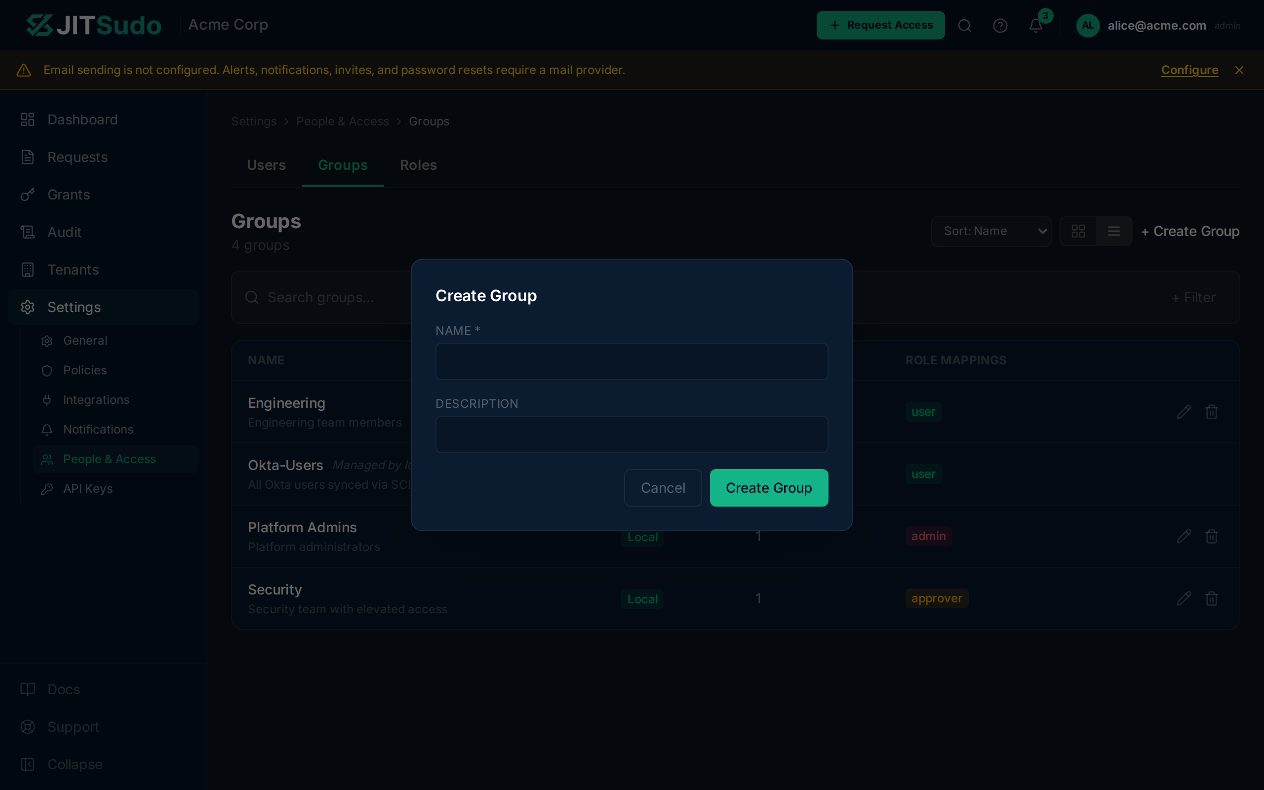 Create group dialog with name and description fields