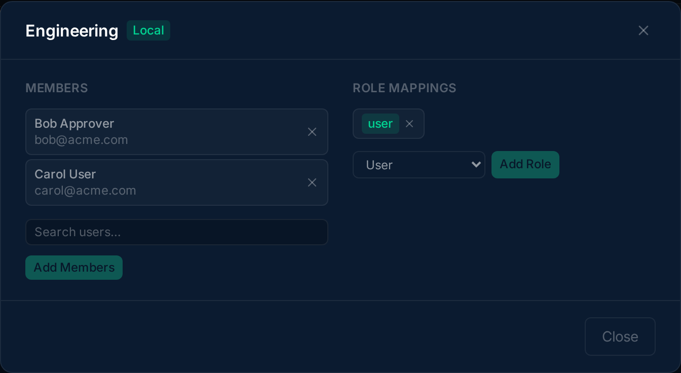 Group detail modal with members list and role mappings