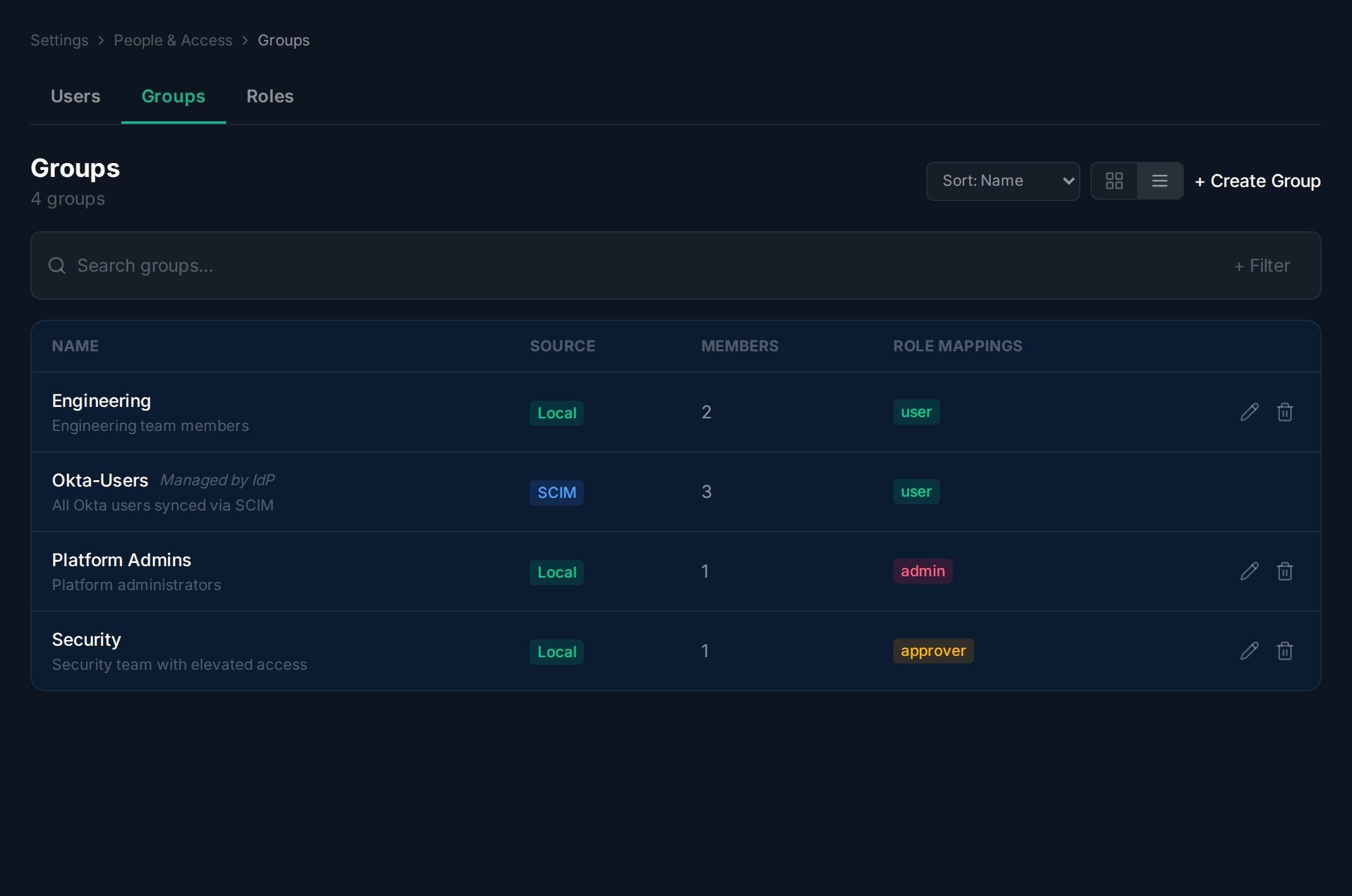 Groups tab showing group list with search, sort, and view toggle