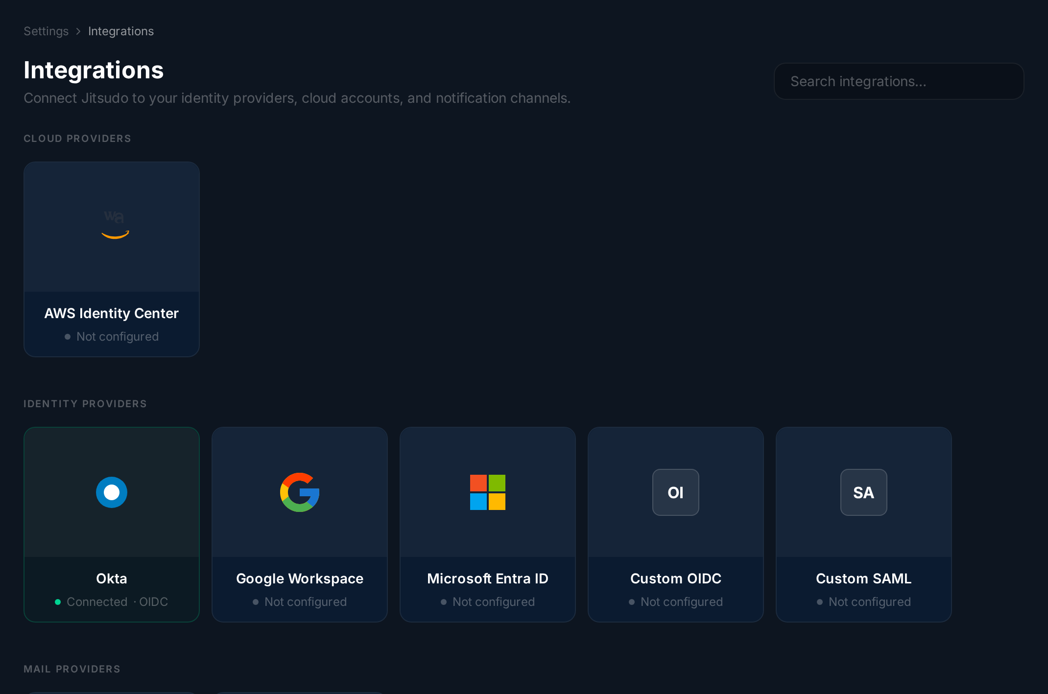 Integration marketplace with cloud, identity, SIEM, and notification categories