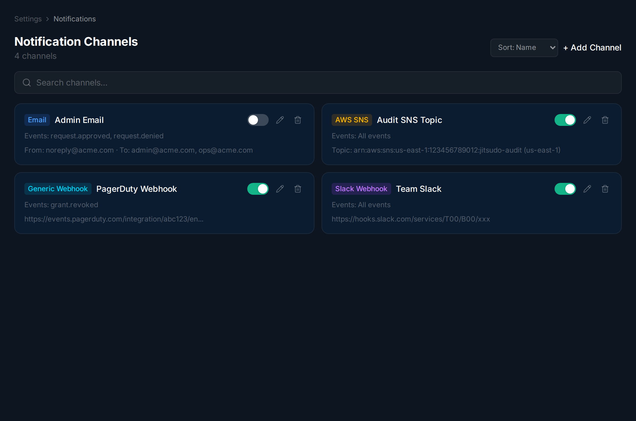 Notification channels with type badges, enable toggles, and Add Channel button