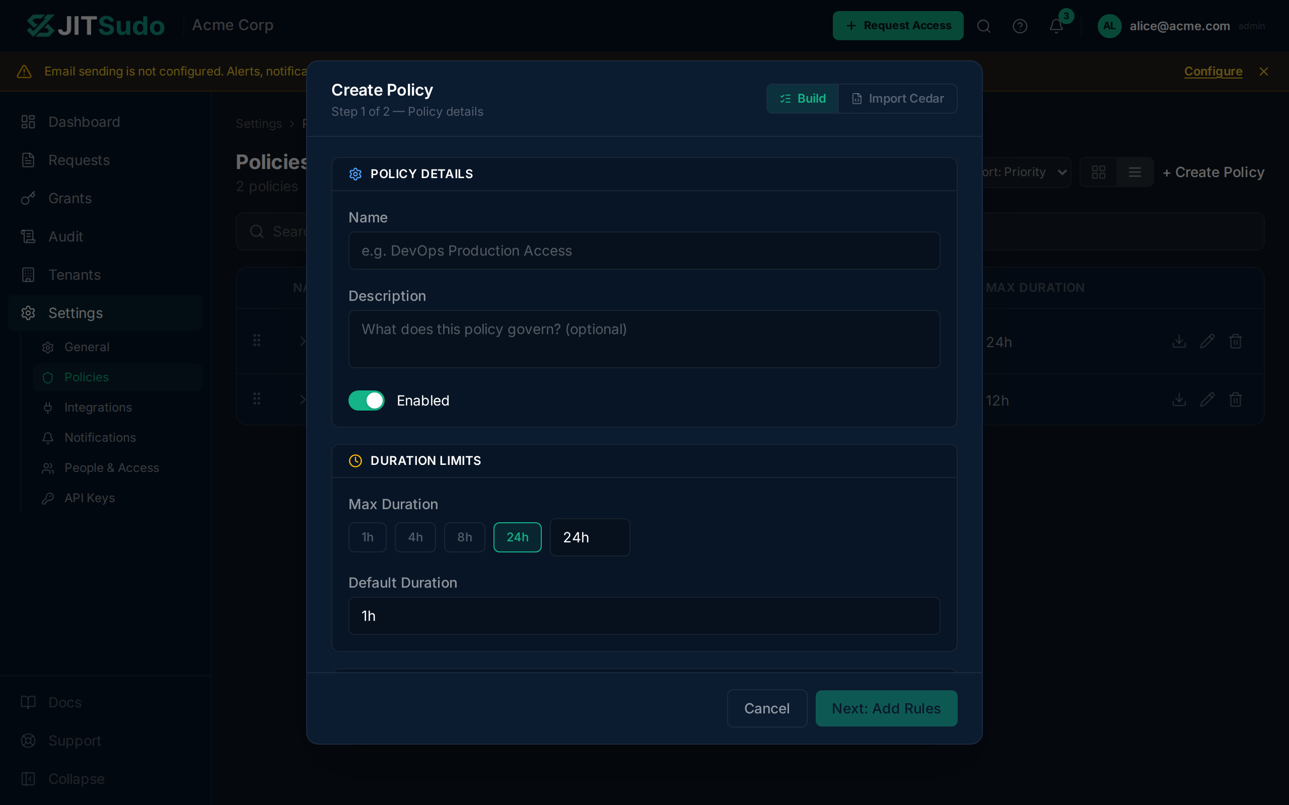 Create policy dialog with name, description, and rule editor