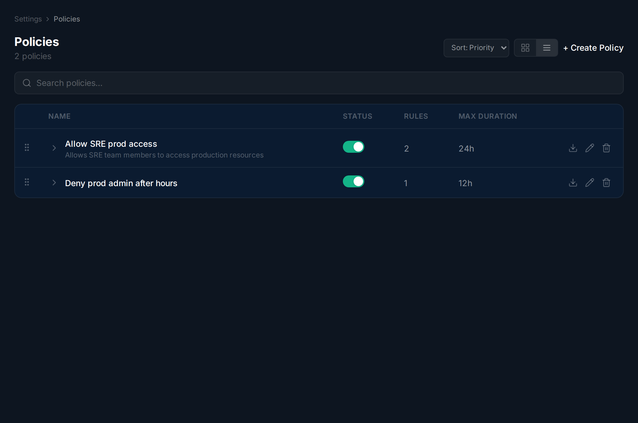 Cedar policies management page with search, sort, and drag-reorderable list