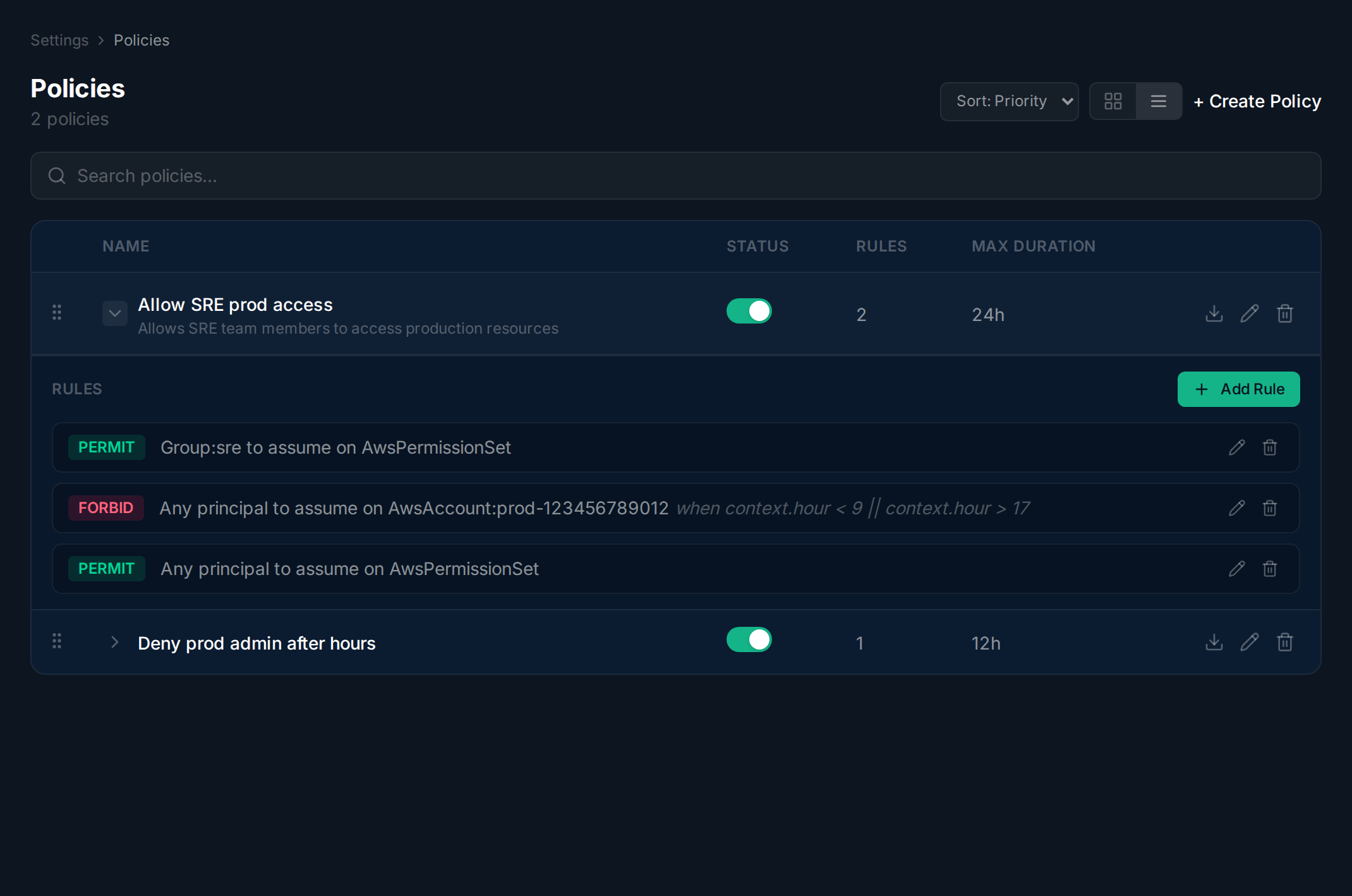 Expanded policy row showing rules with edit, delete, and download actions