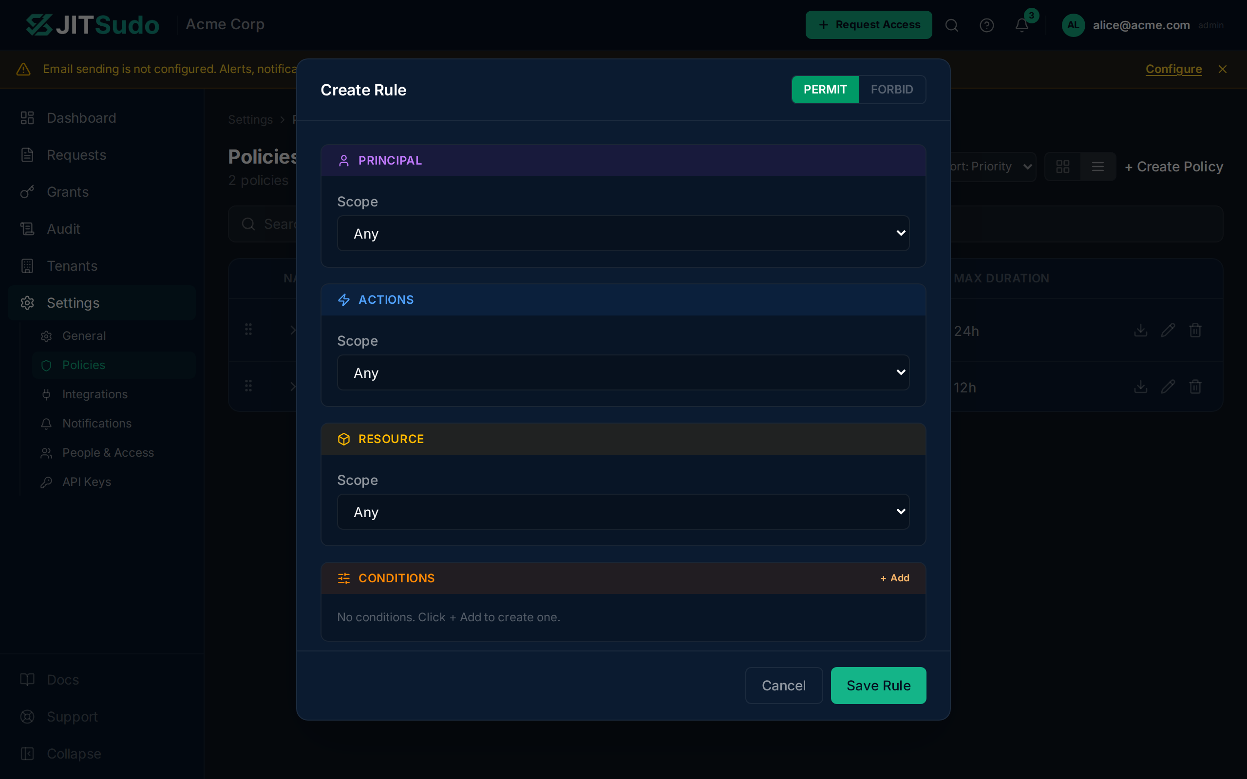 Rule editor with effect toggle, principal/action/resource scope selectors, and conditions