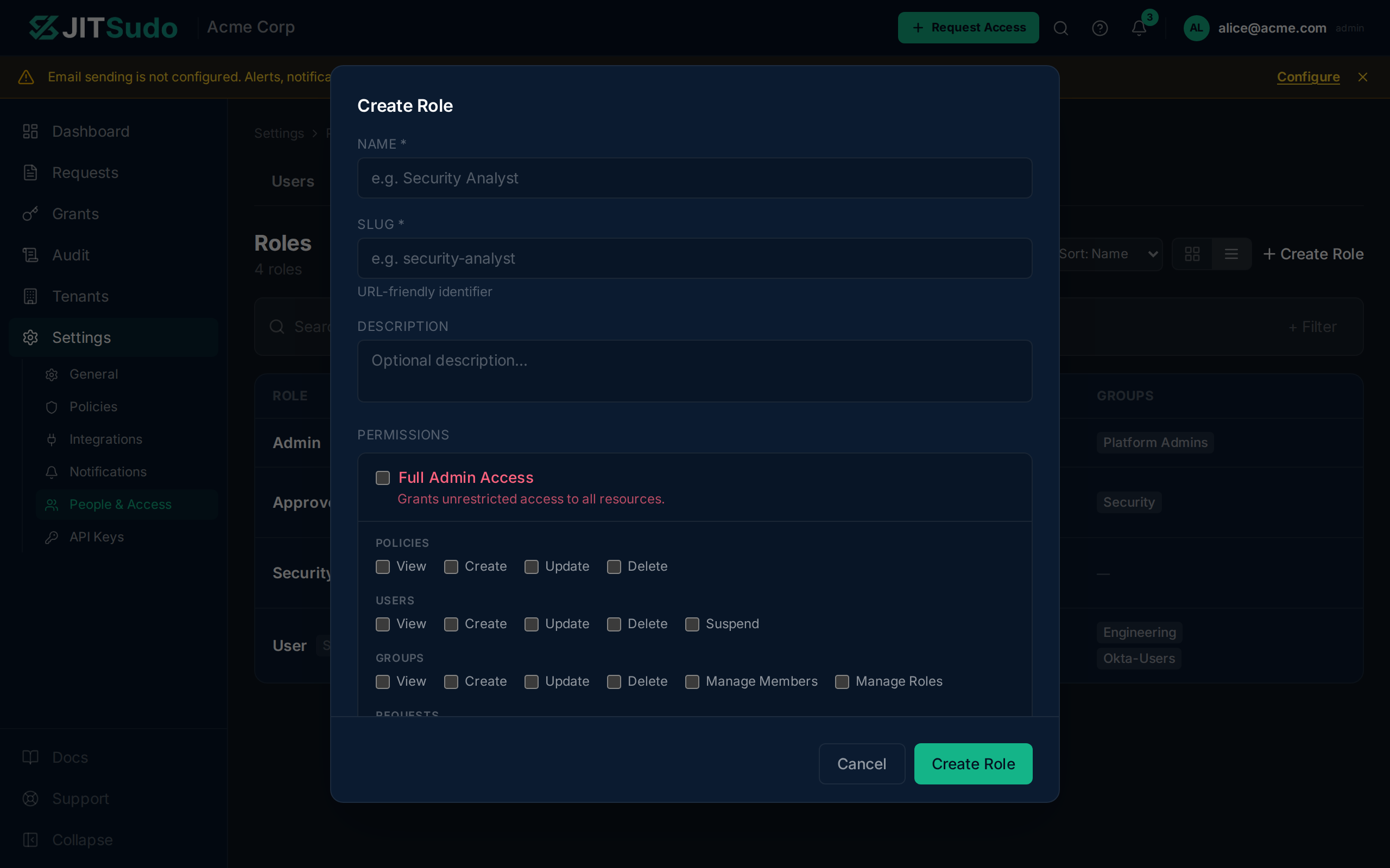 Create role dialog with name, slug, description, and permission scope picker
