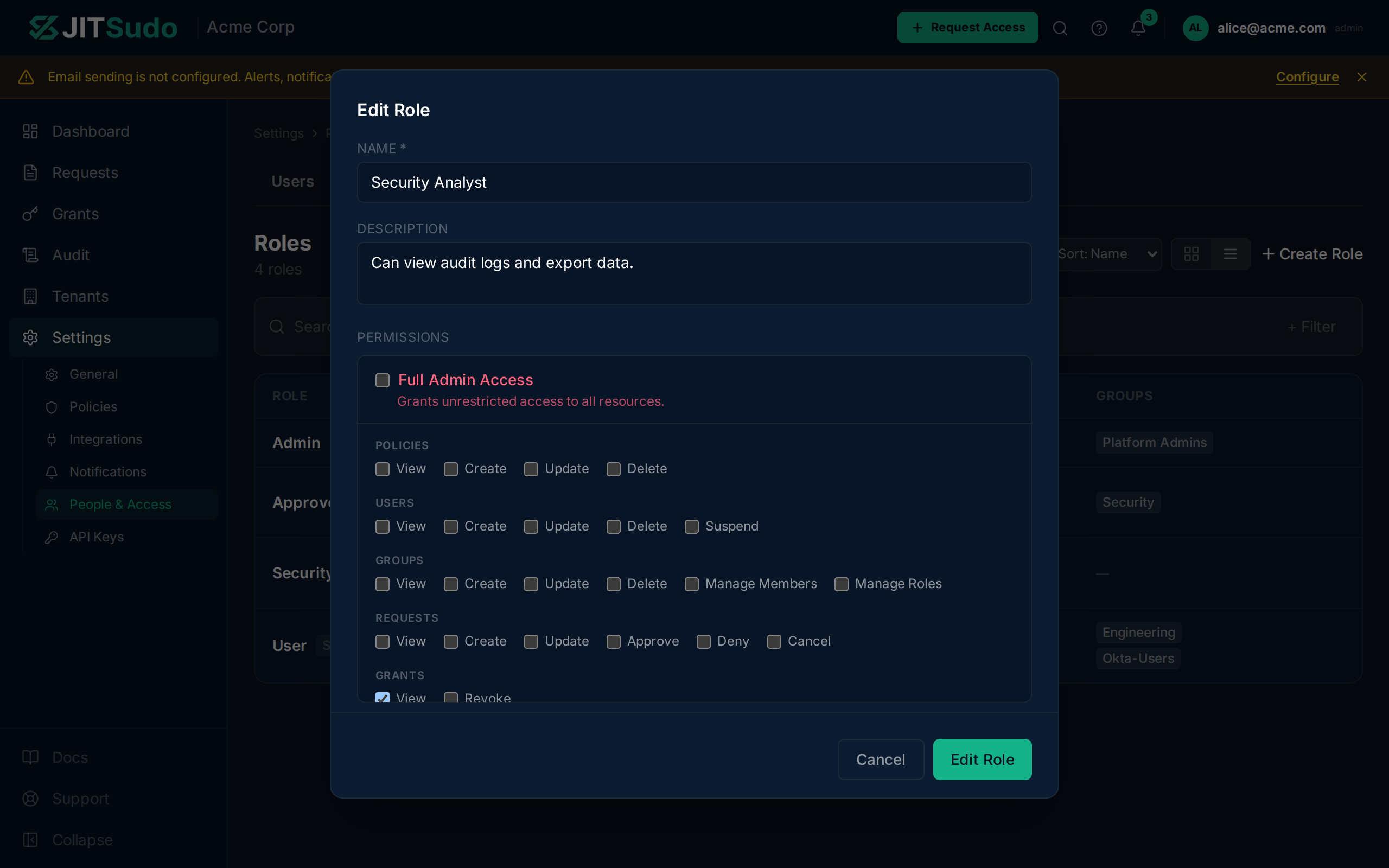 Edit role dialog with name, description, and permission scope picker