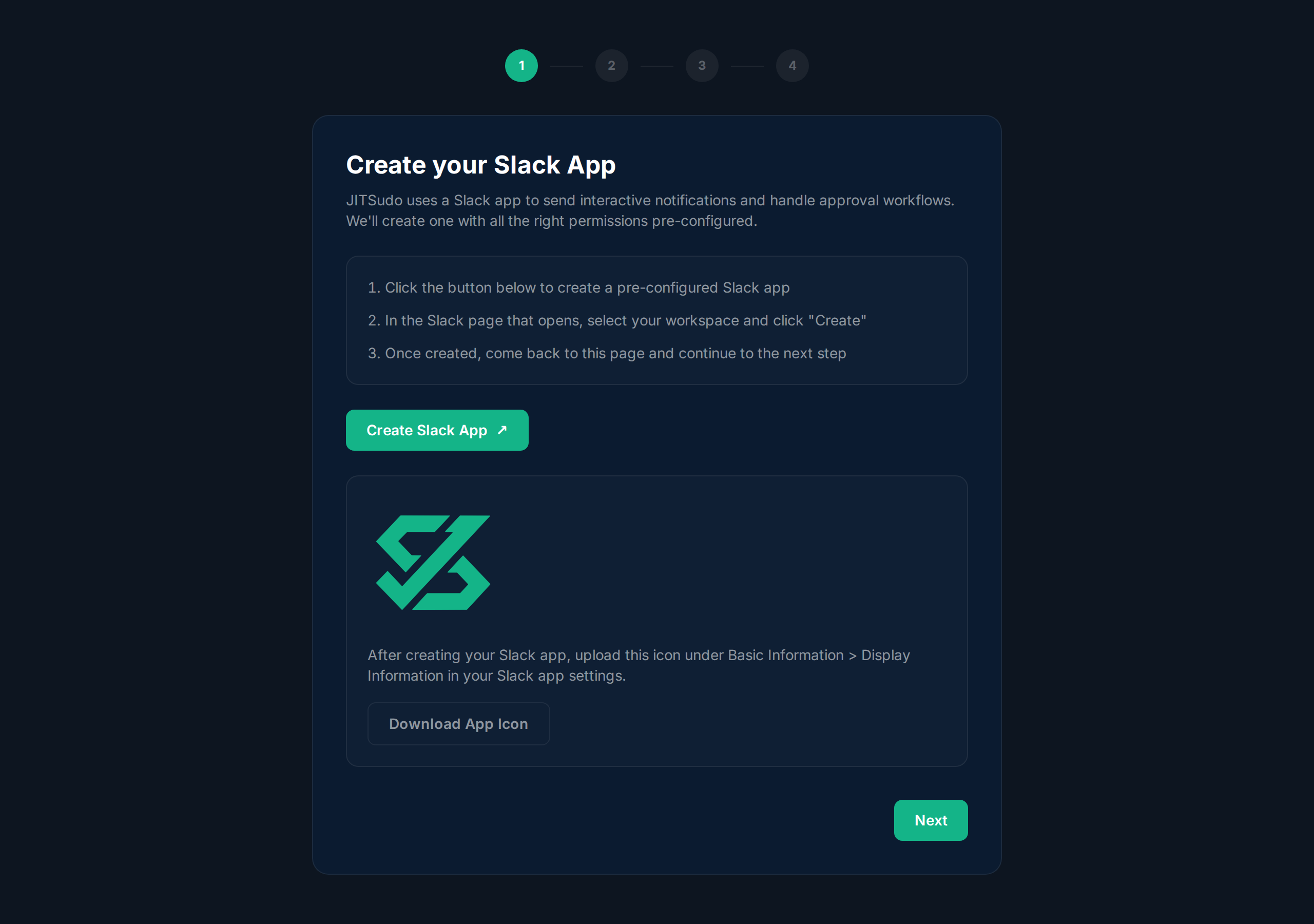 Step 1 of Slack bot setup showing Create App instructions and app icon download
