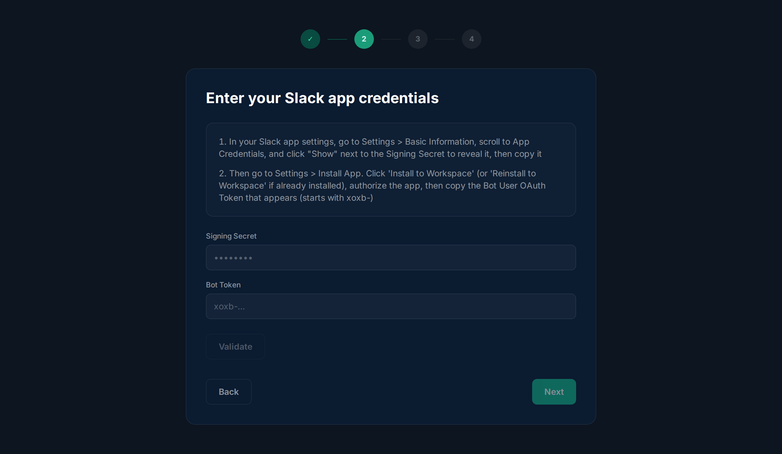 Step 2 showing Signing Secret and Bot Token inputs with a Validate button