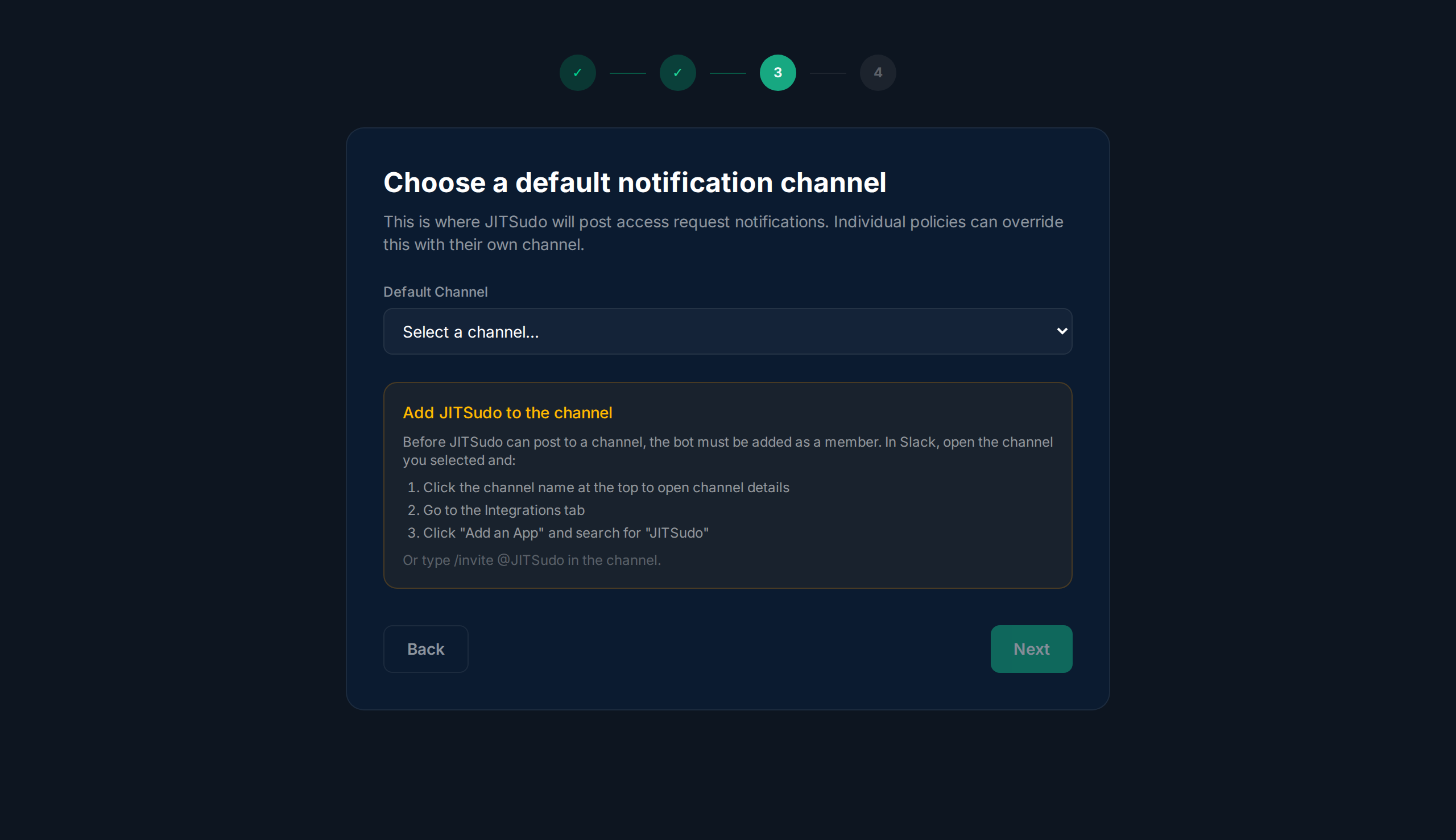 Step 3 showing channel selector dropdown and instructions for adding the bot