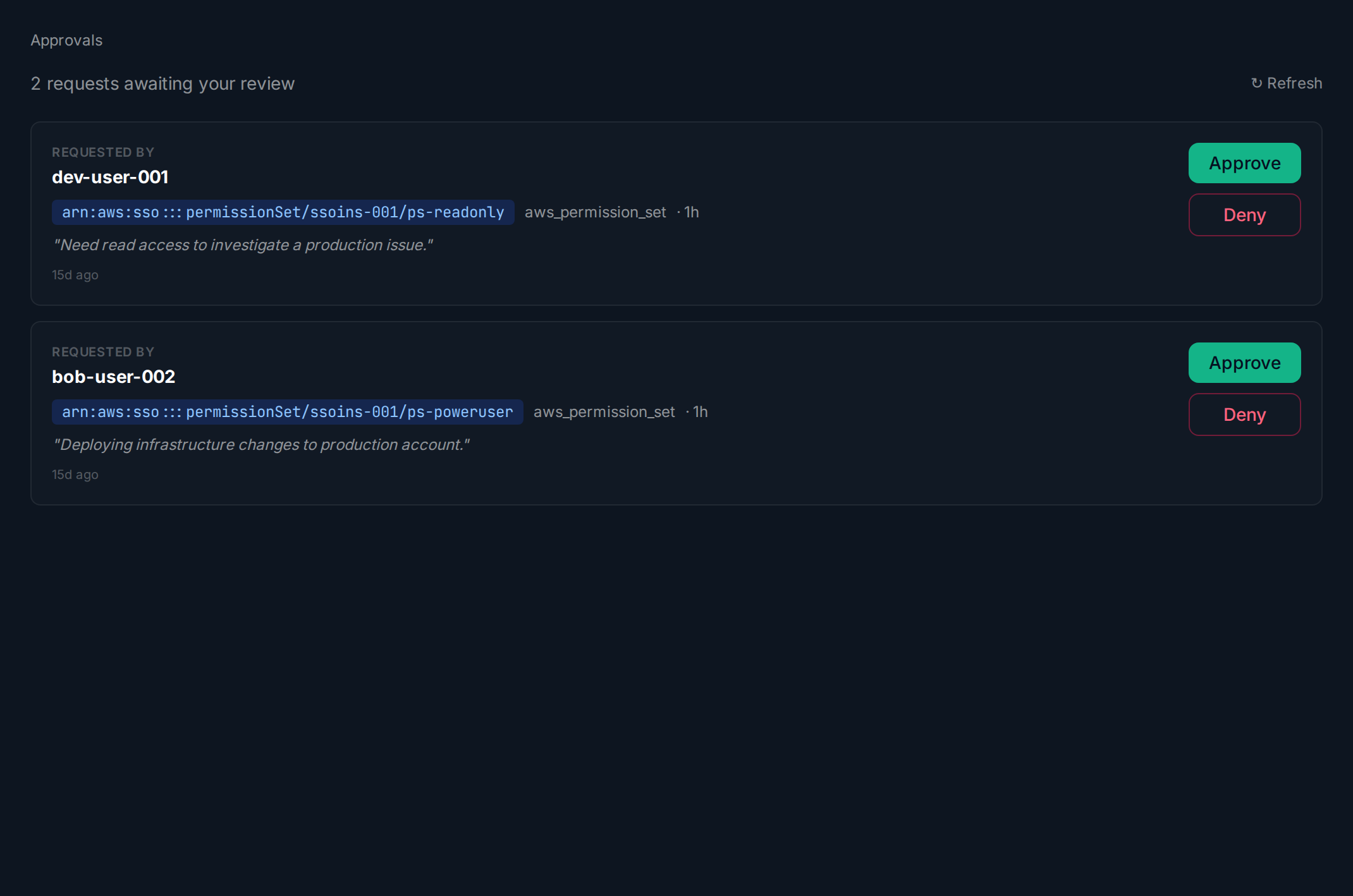 Approval queue showing pending access requests