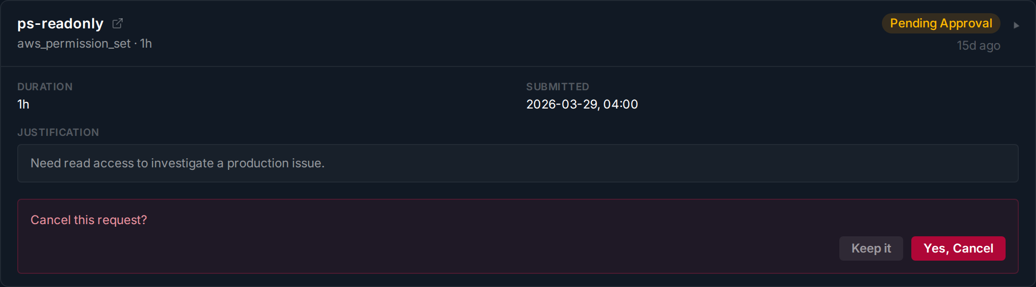 Cancel confirmation with Keep it and Yes, Cancel buttons