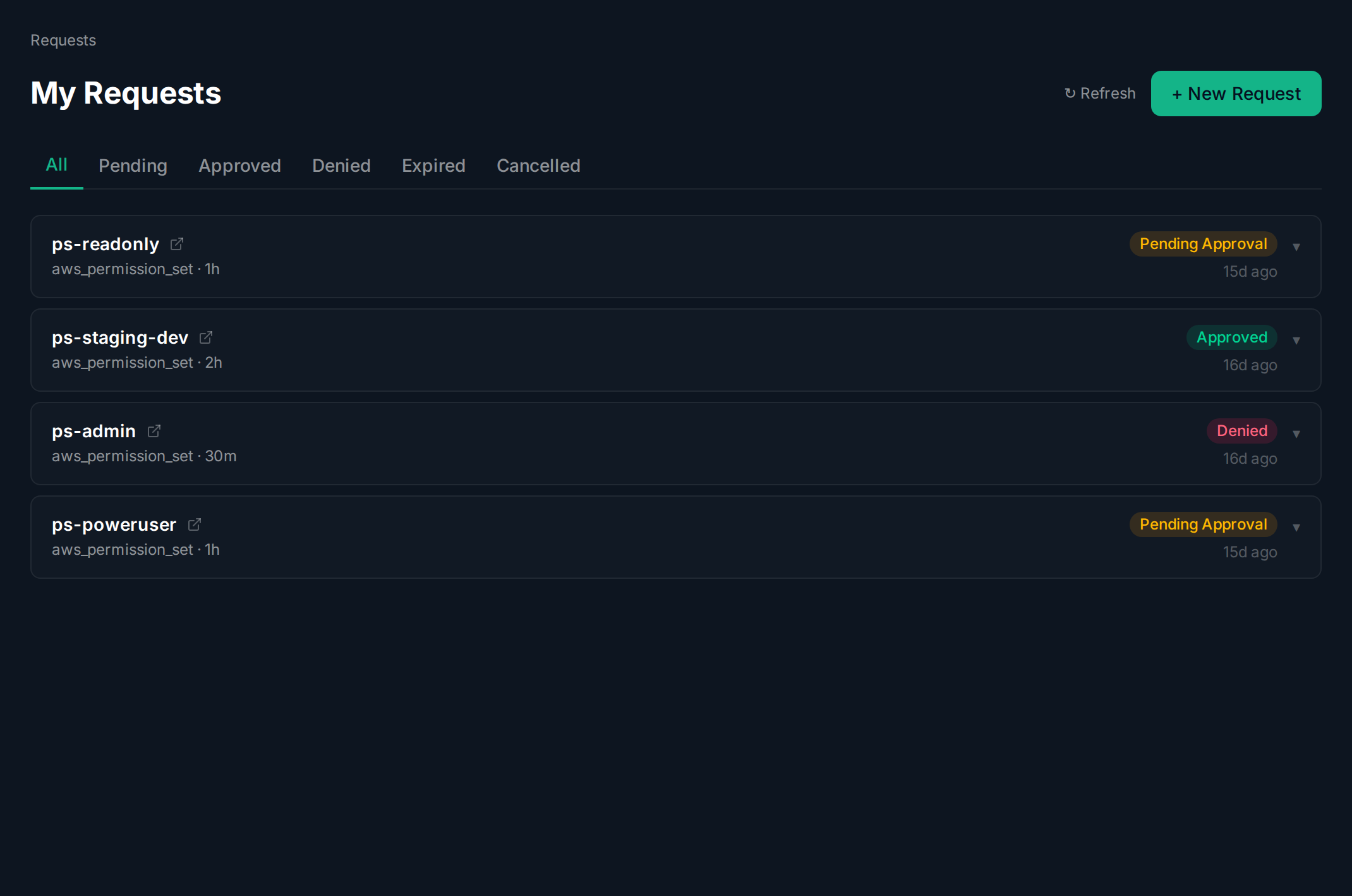 Requests list with status tabs and request cards